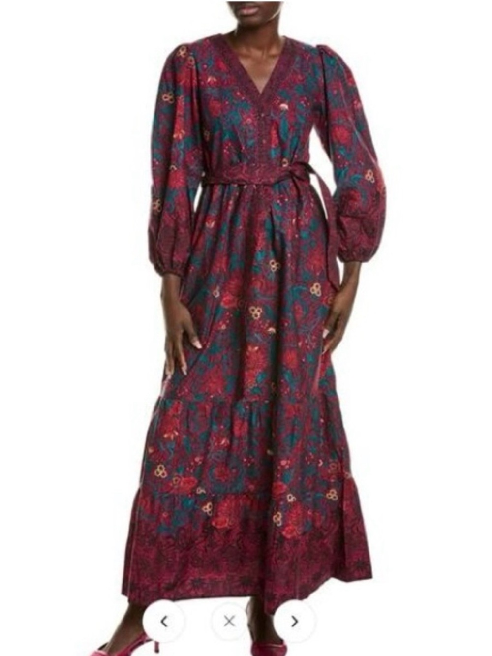 Celina Moon Myrna Merlot Long-Sleeve Floral Cotton Maxi Dress Size XL